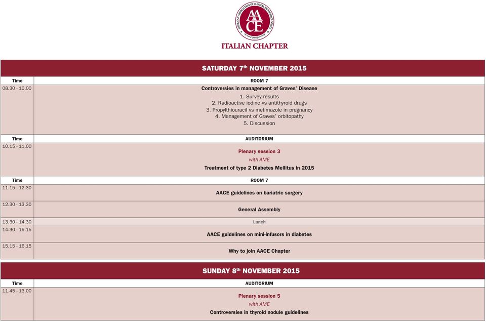 00 Plenary session 3 with AME Treatment of type 2 Diabetes Mellitus in 2015 Time room 7 11.15-12.30 AACE guidelines on bariatric surgery 12.30-13.30 General Assembly 13.