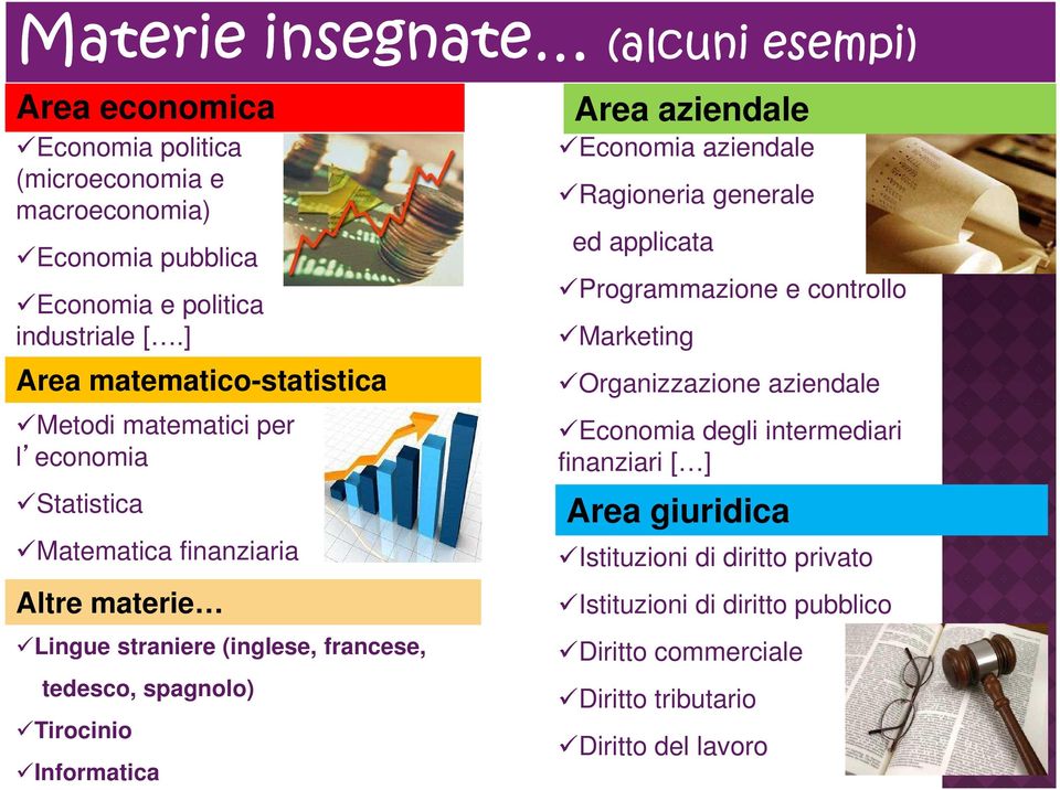 spagnolo) Tirocinio Informatica Area aziendale Economia aziendale Ragioneria generale ed applicata Programmazione e controllo Marketing Organizzazione aziendale