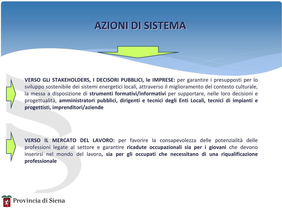 dirigenti e tecnici degli Enti Locali, tecnici di impianti e progettisti, imprenditori/aziende VERSO IL MERCATO DEL LAVORO: per favorire la consapevolezza delle potenzialità delle