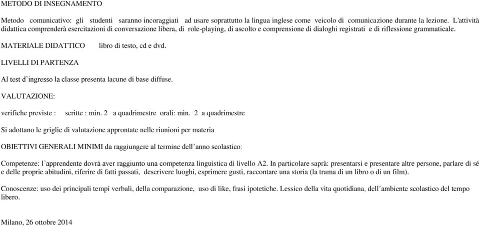 MATERIALE DIDATTICO libro di testo, cd e dvd. LIVELLI DI PARTENZA Al test d ingresso la classe presenta lacune di base diffuse. VALUTAZIONE: verifiche previste : scritte : min.