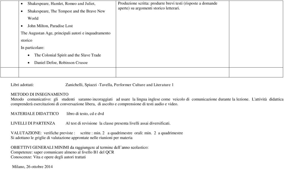 Libri adottati: Zanichelli, Spiazzi -Tavella, Performer Culture and Literature 1 METODO DI INSEGNAMENTO Metodo comunicativo: gli studenti saranno incoraggiati ad usare la lingua inglese come veicolo