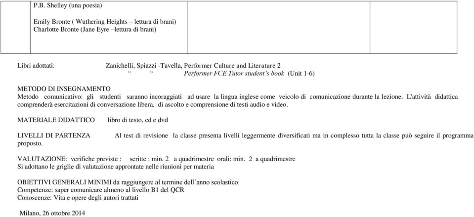 durante la lezione. L'attività didattica comprenderà esercitazioni di conversazione libera, di ascolto e comprensione di testi audio e video. MATERIALE DIDATTICO LIVELLI DI PARTENZA proposto.