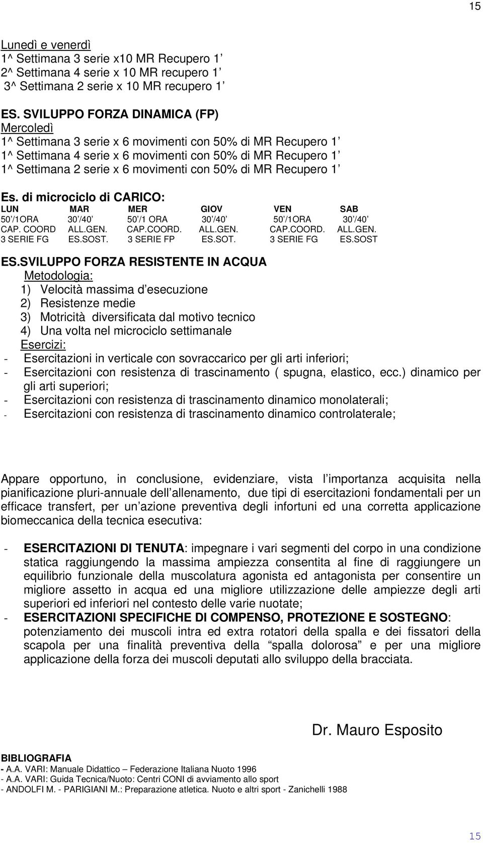 50% di MR Recupero 1 Es. di microciclo di CARICO: LUN MAR MER GIOV VEN SAB 50 /1ORA 30 /40 50 /1 ORA 30 /40 50 /1ORA 30 /40 CAP. COORD ALL.GEN. CAP.COORD. ALL.GEN. CAP.COORD. ALL.GEN. 3 SERIE FG ES.