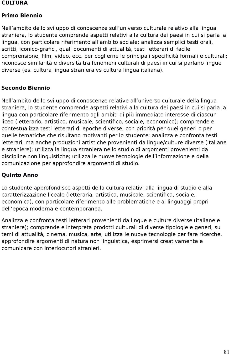 per coglierne le principali specificità formali e culturali; riconosce similarità e diversità tra fenomeni culturali di paesi in cui si parlano lingue diverse (es.