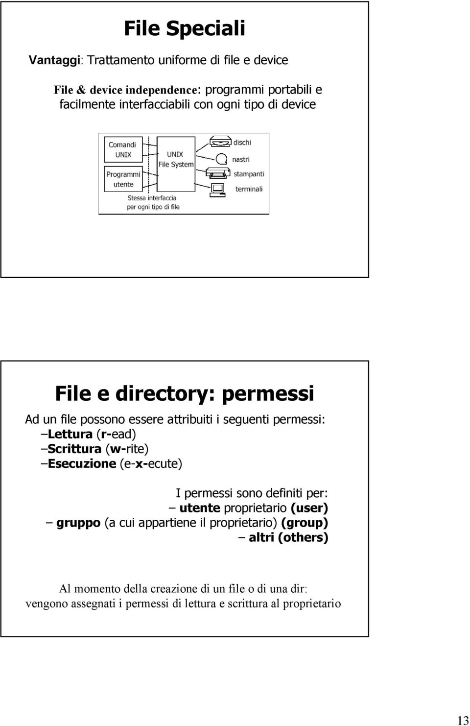 (r-ead) Scrittura (w-rite) Esecuzione (e-x-ecute) I permessi sono definiti per: utente proprietario (user) gruppo (a cui appartiene il