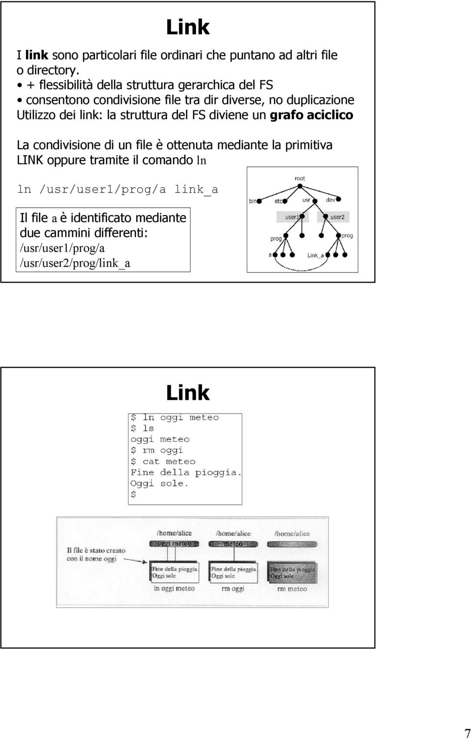dei link: la struttura del FS diviene un grafo aciclico La condivisione di un file è ottenuta mediante la primitiva LINK