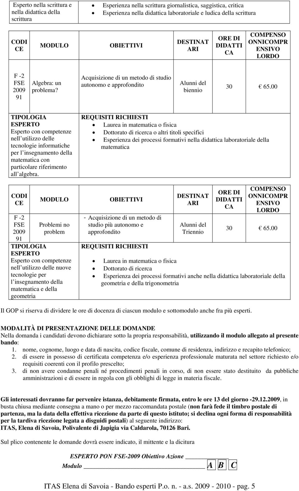 00 Esperto con competenze nell utilizzo delle tecnologie informatiche per l insegnamento della matematica con particolare riferimento all algebra.