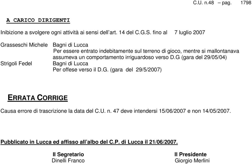 comportamento irriguardoso verso D.G (gara del 29/05/04) Strigoli Fedel Bagni di Lucca Per offese verso il D.G. (gara del 29/5/2007) ERRATA CORRIGE Causa errore di trascrizione la data del C.