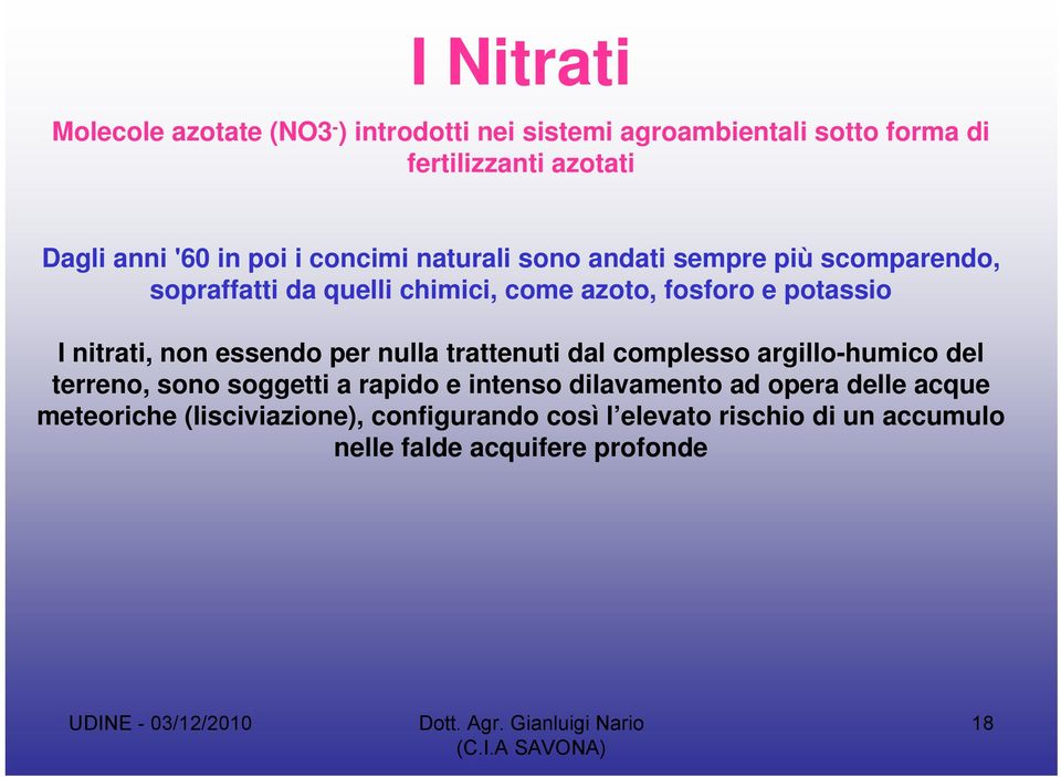 nitrati, non essendo per nulla trattenuti dal complesso argillo-humico del terreno, sono soggetti a rapido e intenso dilavamento