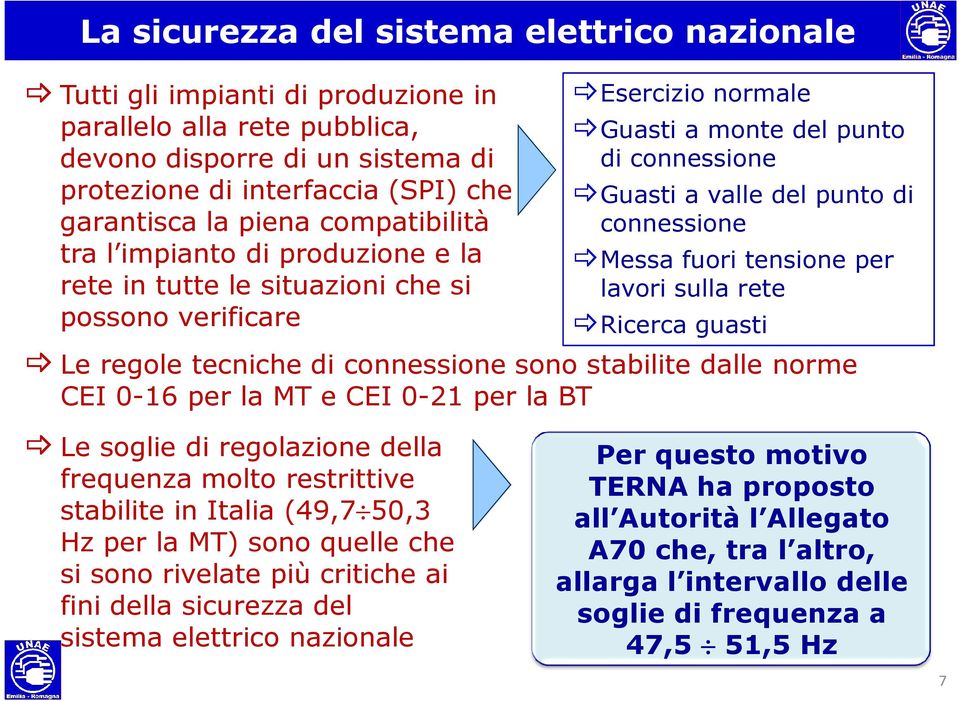 Messa fuori tensione per lavori sulla rete Ricerca guasti Le regole tecniche di connessione sono stabilite dalle norme CEI 0-16 per la MT e CEI 0-21 per la BT Le soglie di regolazione della frequenza