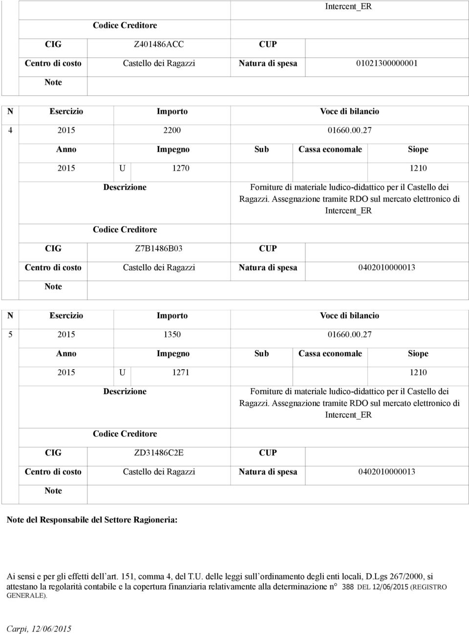 Assegnazione tramite RDO sul mercato elettronico di Intercent_ER Codice Creditore CIG Z7B1486B03 CUP Centro di costo Castello dei Ragazzi Natura di spesa 0402010000013 Note N Esercizio Importo Voce