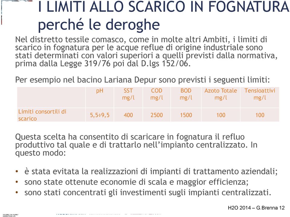 Per esempio nel bacino Lariana Depur sono previsti i seguenti limiti: ph SST mg/l COD mg/l BOD mg/l Azoto Totale mg/l Tensioattivi mg/l Limiti consortili di scarico 5,5 9,5 400 2500 1500 100 100