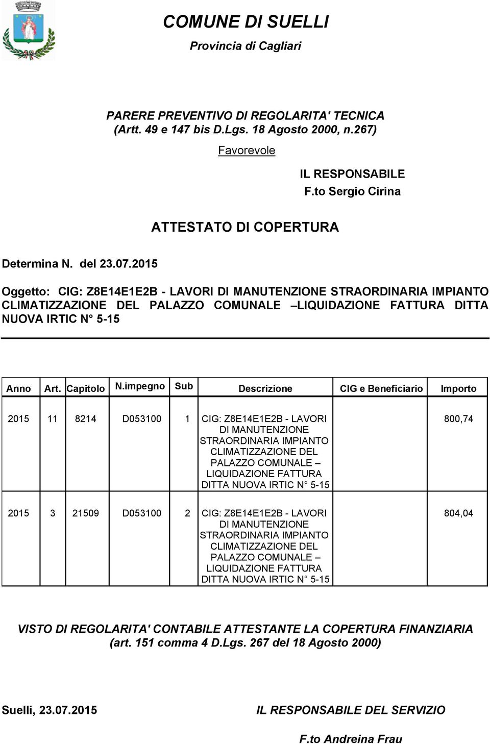 2015 Oggetto: CIG: Z8E14E1E2B - LAVORI DI MANUTENZIONE STRAORDINARIA IMPIANTO CLIMATIZZAZIONE DEL PALAZZO COMUNALE LIQUIDAZIONE FATTURA DITTA NUOVA IRTIC N 5-15 N.impegno Sub Anno Art.