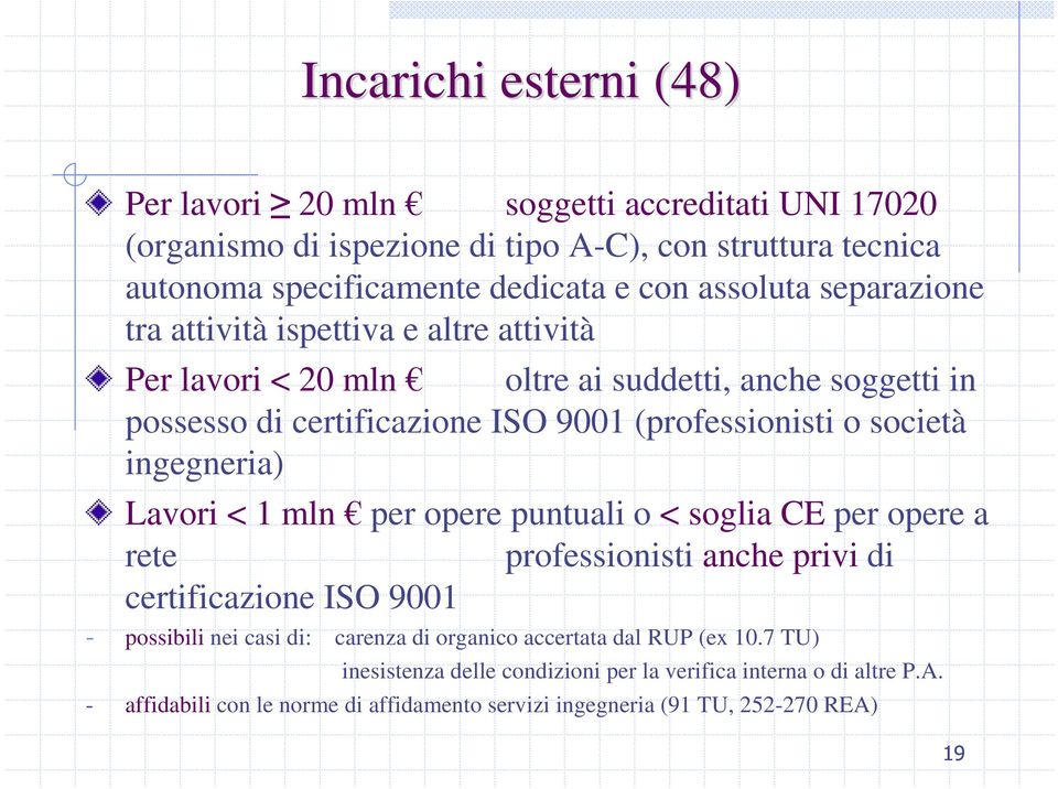 società ingegneria) Lavori < 1 mln per opere puntuali o < soglia CE per opere a rete professionisti anche privi di certificazione ISO 9001 - possibili nei casi di: carenza di