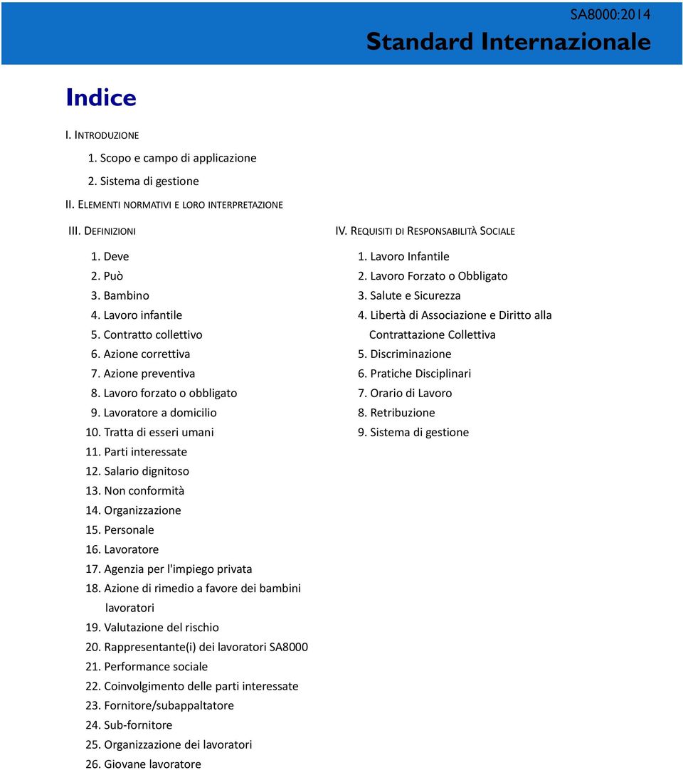 Non conformità 14. Organizzazione 15. Personale 16. Lavoratore 17. Agenzia per l'impiego privata 18. Azione di rimedio a favore dei bambini lavoratori 19. Valutazione del rischio 20.