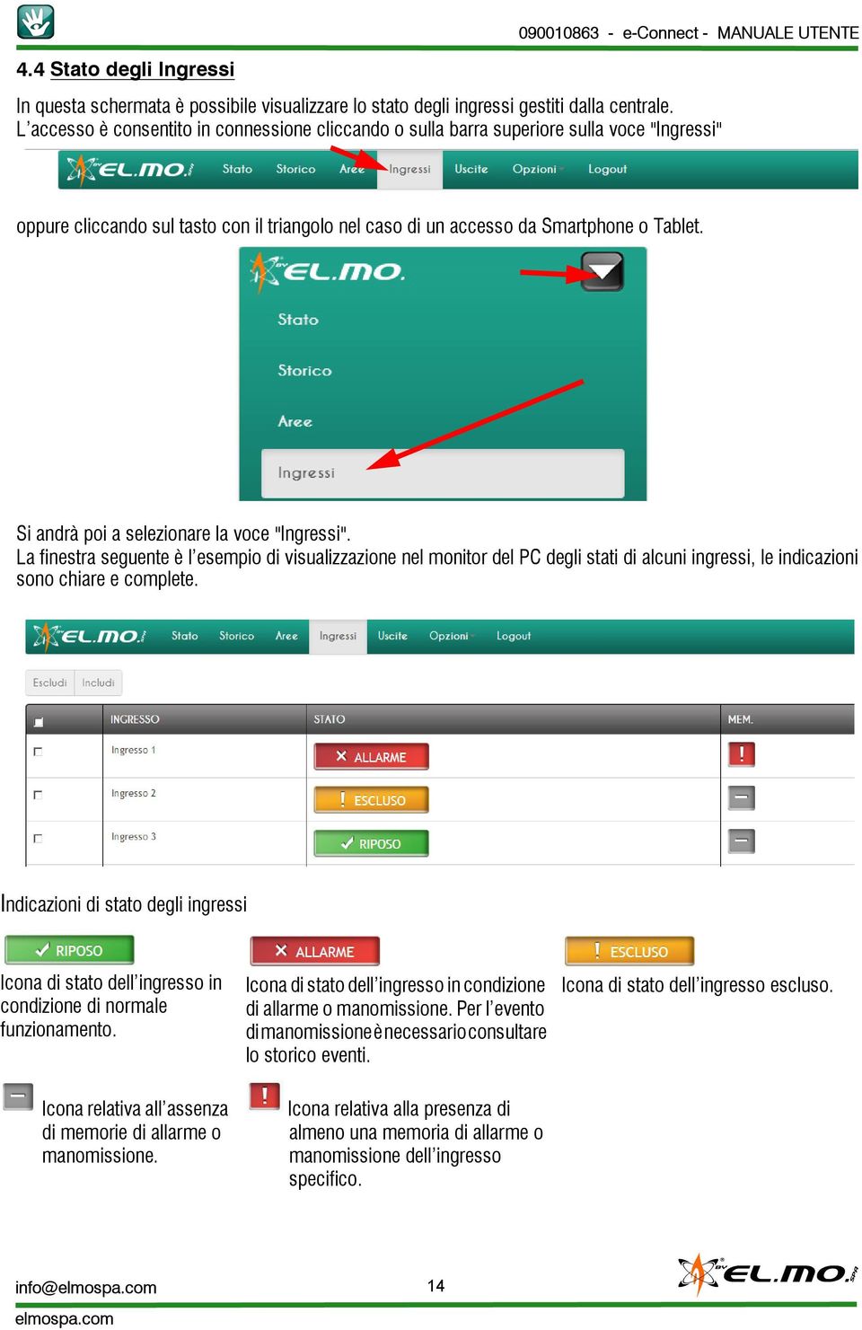 Si andrà poi a selezionare la voce "Ingressi". La finestra seguente è l esempio di visualizzazione nel monitor del PC degli stati di alcuni ingressi, le indicazioni sono chiare e complete.