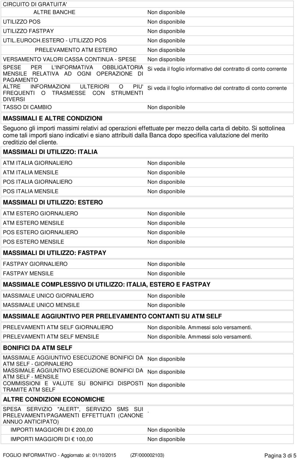 ULTERIORI O PIU' FREQUENTI O TRASMESSE CON STRUMENTI DIVERSI TASSO DI CAMBIO MASSIMALI E ALTRE CONDIZIONI Si veda il foglio informativo del contratto di conto corrente Si veda il foglio informativo