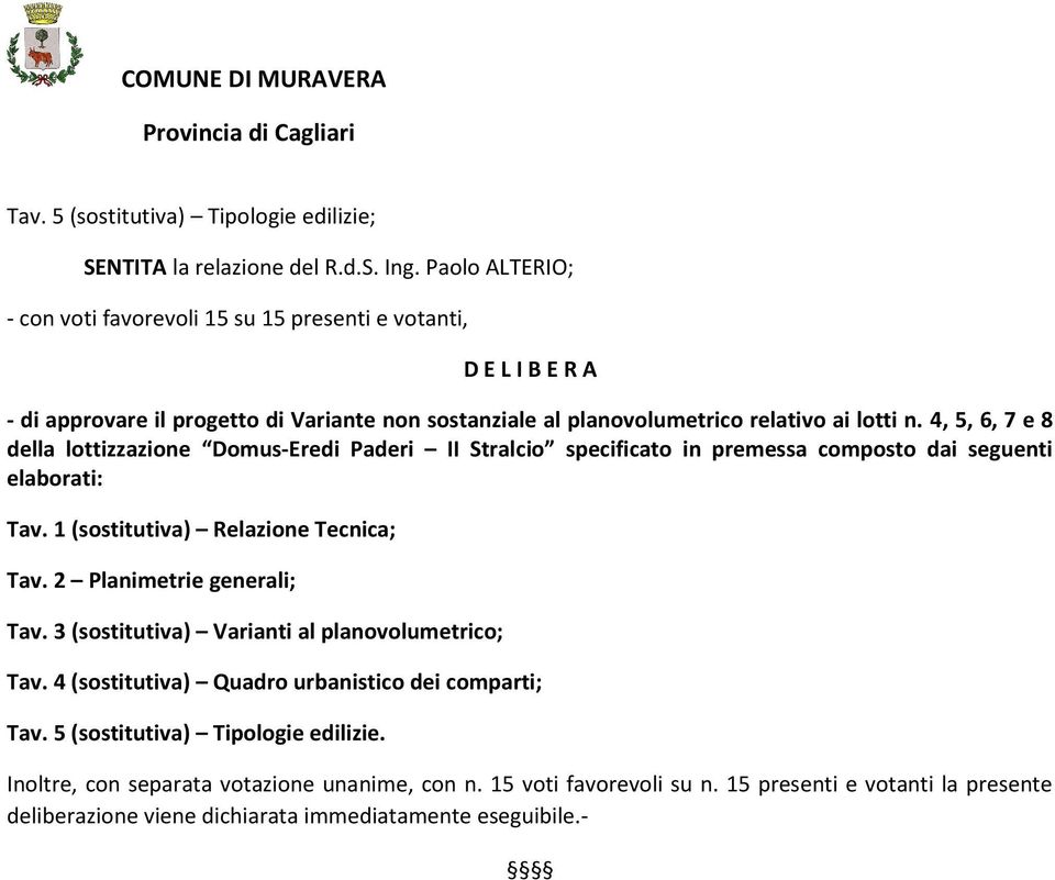 4, 5, 6, 7 e 8 della lottizzazione Domus-Eredi Paderi II Stralcio specificato in premessa composto dai seguenti elaborati: Tav. 1 (sostitutiva) Relazione Tecnica; Tav.