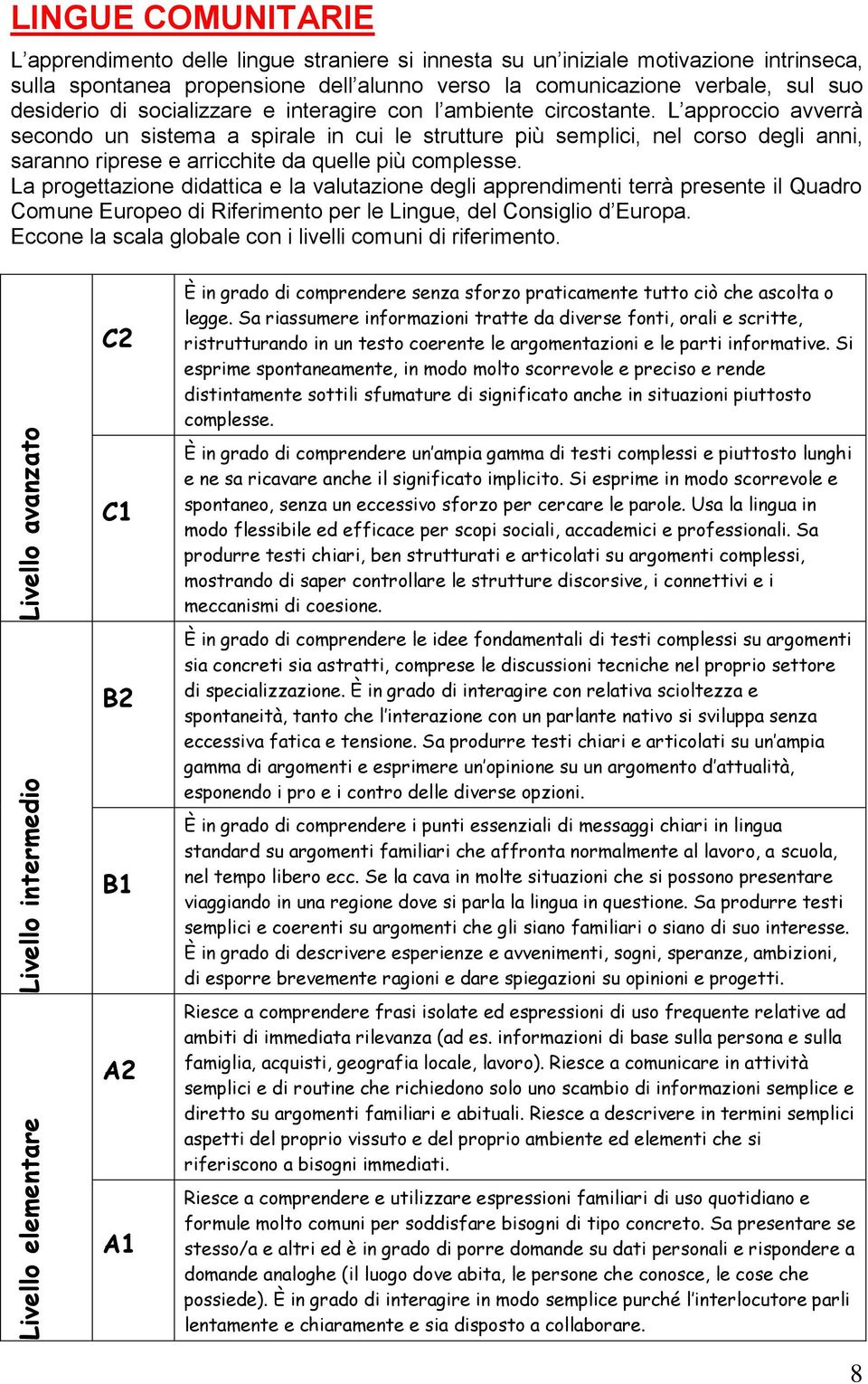 L approccio avverrà secondo un sistema a spirale in cui le strutture più semplici, nel corso degli anni, saranno riprese e arricchite da quelle più complesse.