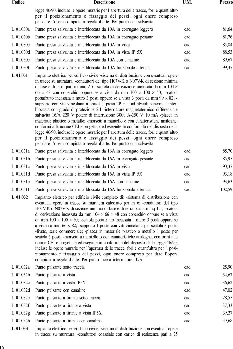 030b Punto presa salvavita e interbloccata da 10A in corrugato pesante cad 158.310 81,76 L 01.030c Punto presa salvavita e interbloccata da 10A in vista cad 166.200 85,84 L 01.