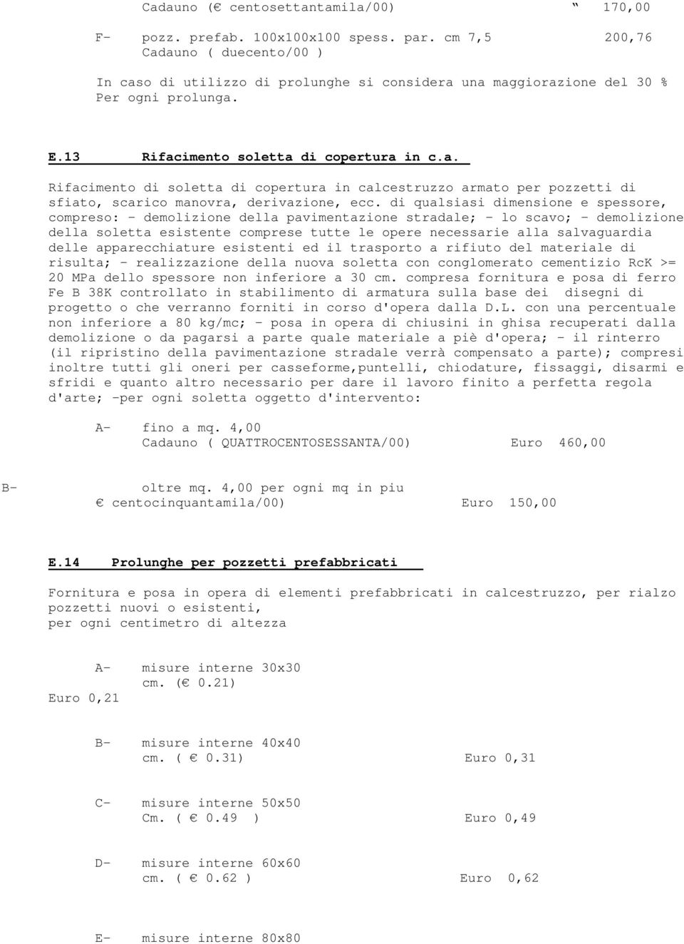 di qualsiasi dimensione e spessore, compreso: - demolizione della pavimentazione stradale; - lo scavo; - demolizione della soletta esistente comprese tutte le opere necessarie alla salvaguardia delle