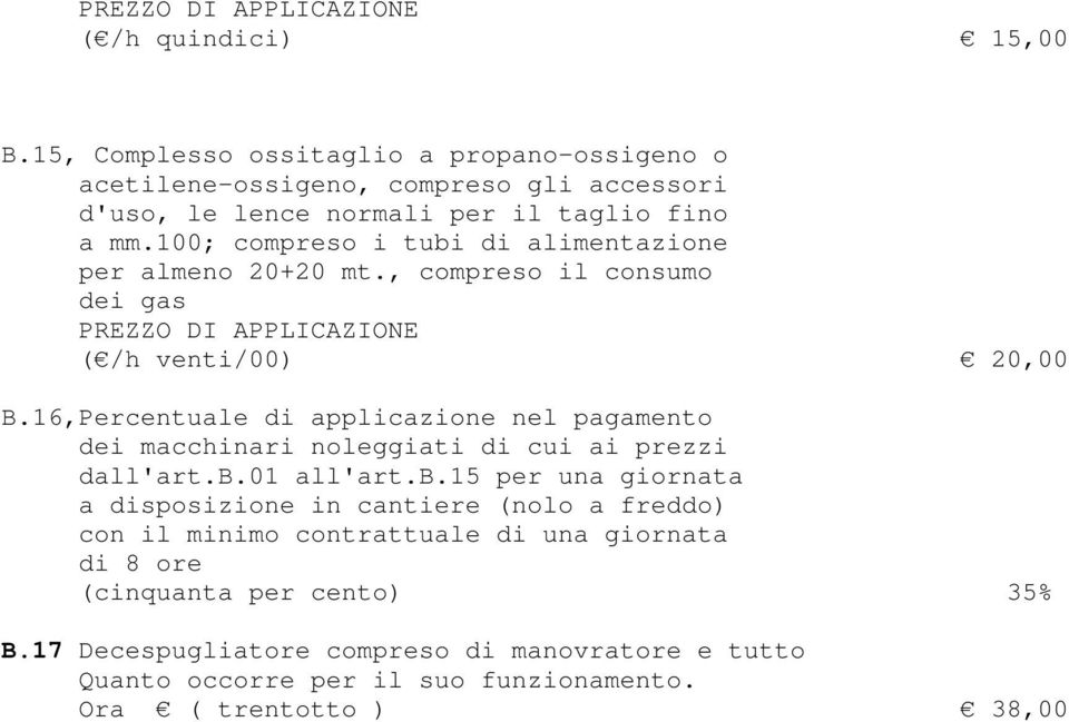 16 Percentuale di applicazione nel pagamento dei macchinari noleggiati di cui ai prezzi dall'art.b.