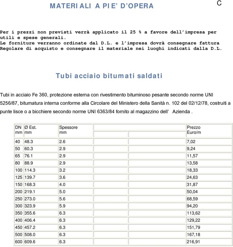 della Sanità n. 102 del 02/12/78, costruiti a punte lisce o a bicchiere secondo norme UNI 6363/84 fornito al magazzino dell Azienda. DN mm Ø Est. mm Spessore mm Prezzo Euro/m 40 48.3 2.6 7,02 50 60.