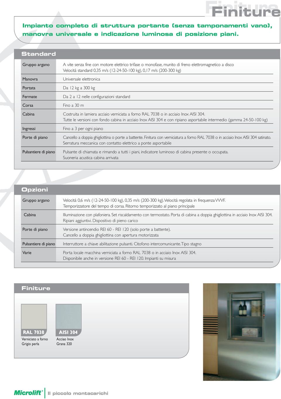 0,17 m/s (200-300 kg) Universale elettronica Da 12 kg a 300 kg Da 2 a 12 nelle configurazioni standard Fino a 30 m Cabina Costruita in lamiera acciaio verniciata a forno RAL 7038 o in acciaio Inox