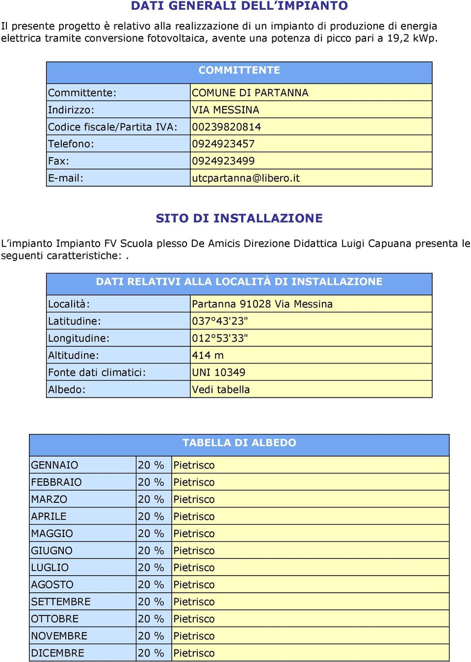 it SITO DI INSTALLAZIONE L impianto Impianto FV Scuola plesso De Amicis Direzione Didattica Luigi Capuana presenta le seguenti caratteristiche:.