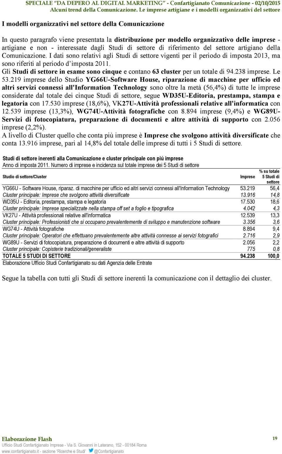 Gli Studi di settore in esame sono cinque e contano 63 cluster per un totale di 94.238 imprese. Le 53.