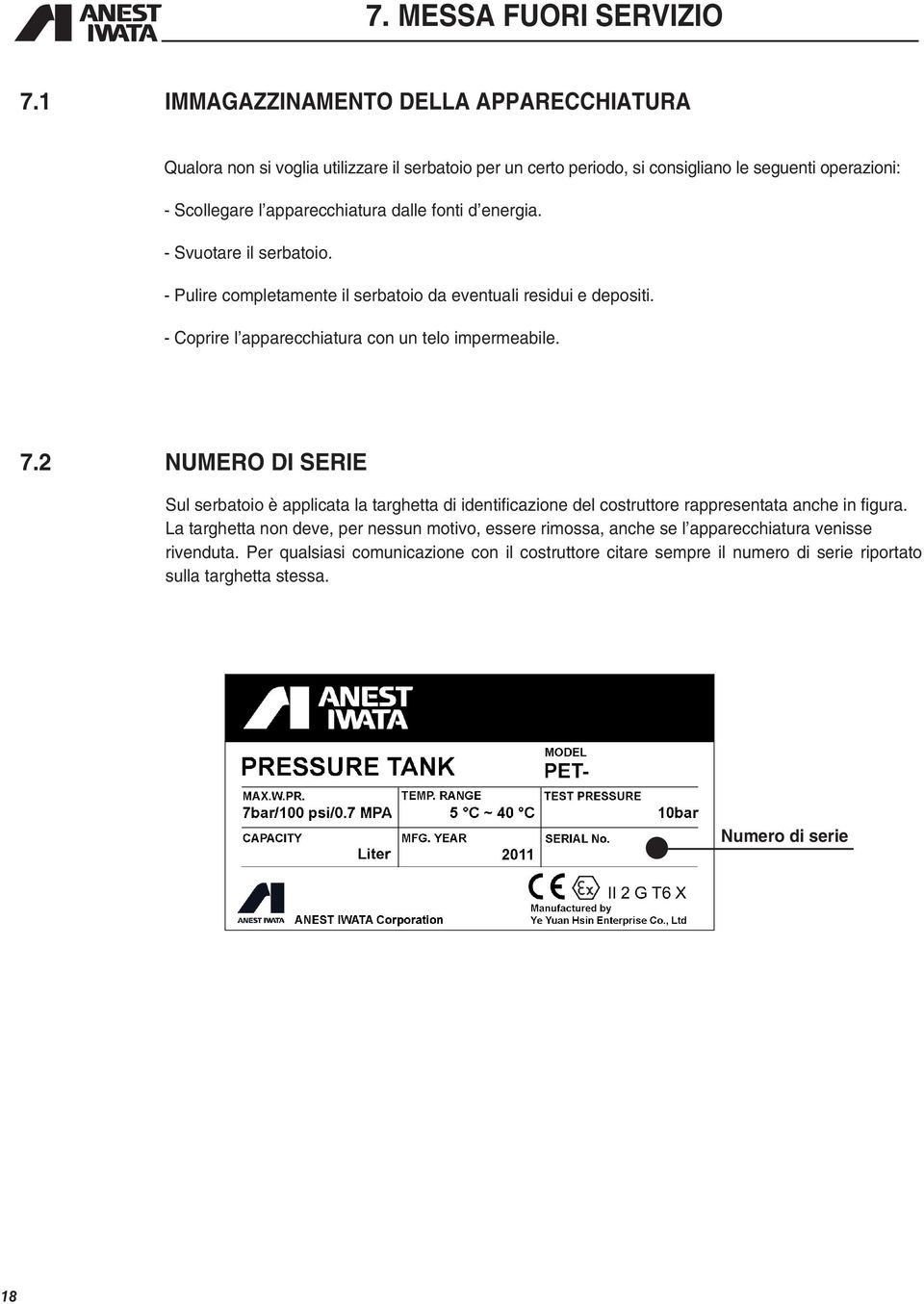 fonti d energia. - Svuotare il serbatoio. - Pulire completamente il serbatoio da eventuali residui e depositi. - Coprire l apparecchiatura con un telo impermeabile. 7.