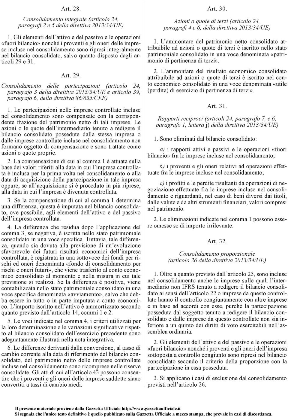 salvo quanto disposto dagli articoli 29 e 31. Art. 29. Consolidamento delle partecipazioni (articolo 24, paragrafo 3 della direttiva 2013/34/UE e articolo 39, paragrafo 6, della direttiva 86/635/CEE) 1.