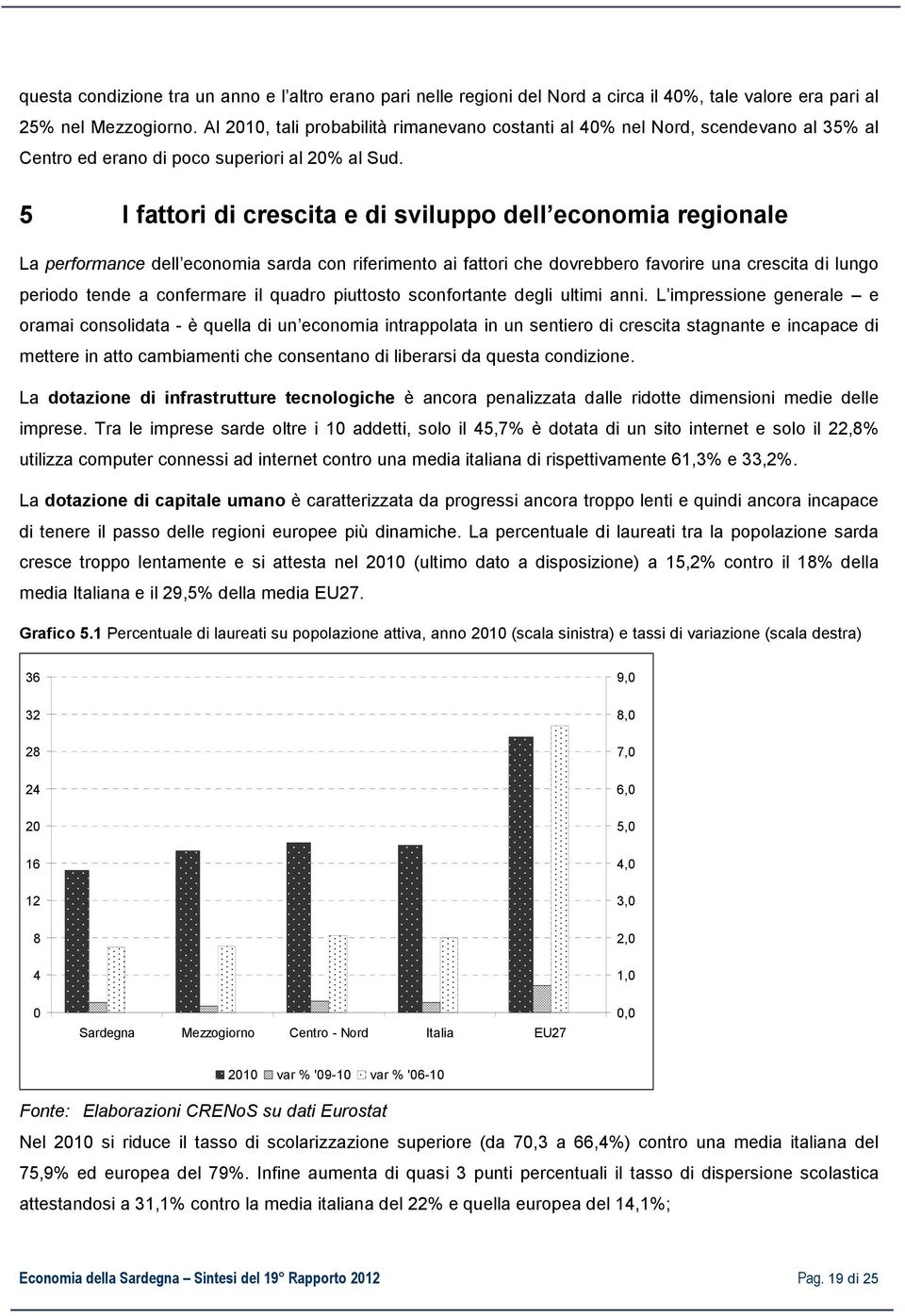 5 I fattori di crescita e di sviluppo dell economia regionale La performance dell economia sarda con riferimento ai fattori che dovrebbero favorire una crescita di lungo periodo tende a confermare il