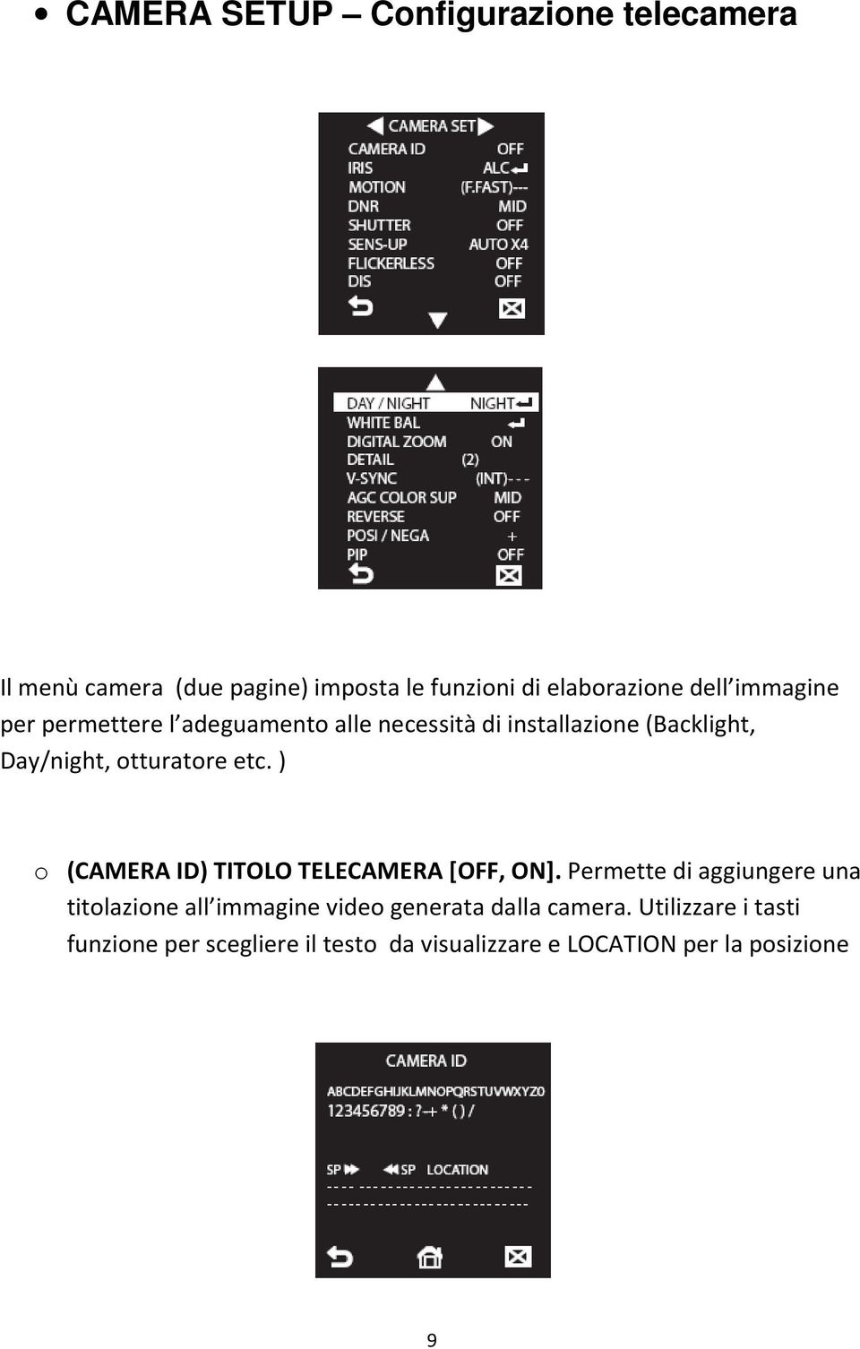 ) o (CAMERA ID) TITOLO TELECAMERA [OFF, ON].