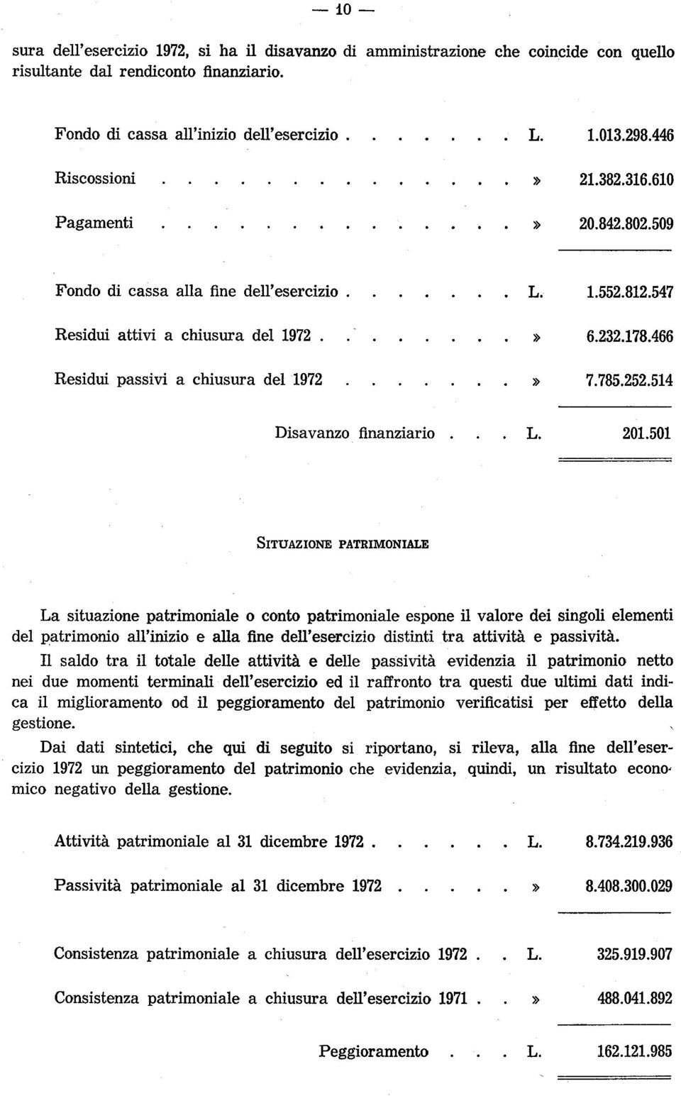 466 Residui passivi a chiusura del 1972» 7.785.252.514 Disavanzo finanziario. L. 201.