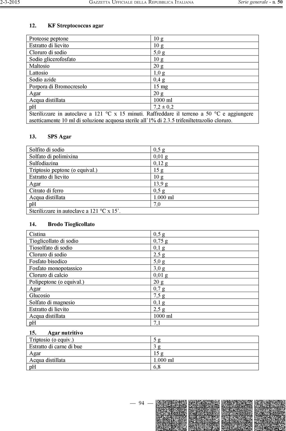 SPS Solfito di sodio 0,5 g Solfato di polimixina 0,01 g Sulfodiazina 0,12 g Triptosio peptone (o equival.) 15 g 13,9 g Citrato di ferro 0,5 g ph 7,0 Sterilizzare in autoclave a 121 C x 15. 14.