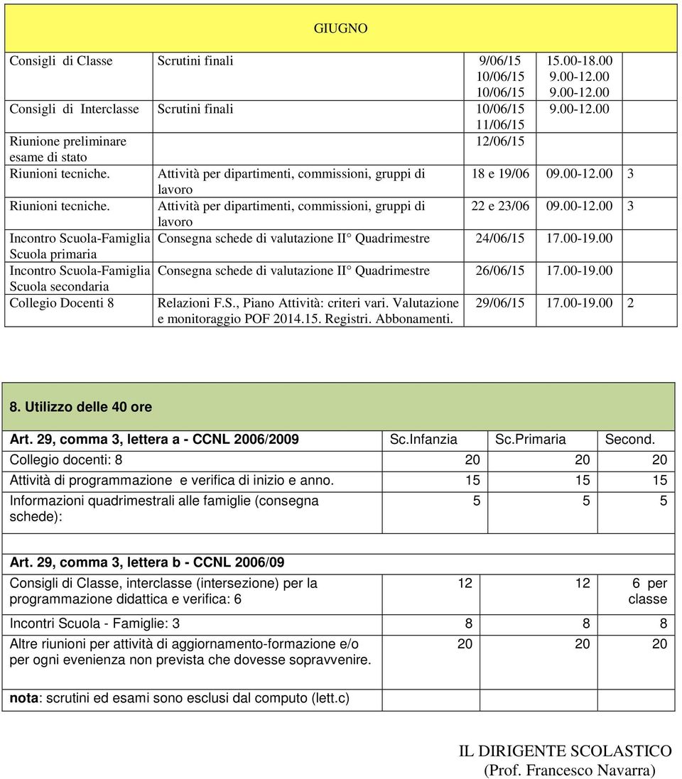 00-19.00 Scuola primaria Incontro Scuola-Famiglia Consegna schede di valutazione II Quadrimestre 26/06/15 17.00-19.00 Scuola secondaria Collegio Docenti 8 Relazioni F.S., Piano Attività: criteri vari.