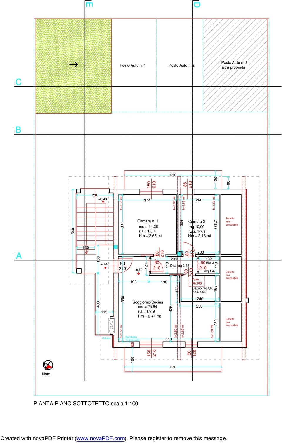 a.i. 1/7,8 Hm = 2,18 mt 386,7 A 1 198 +8,50 124 196 299 176 238 Velux 70x100 132 Rip. 2 mq 1,49 Bagno mq 4,08 r.a.i. 1/5,8 166 400 115