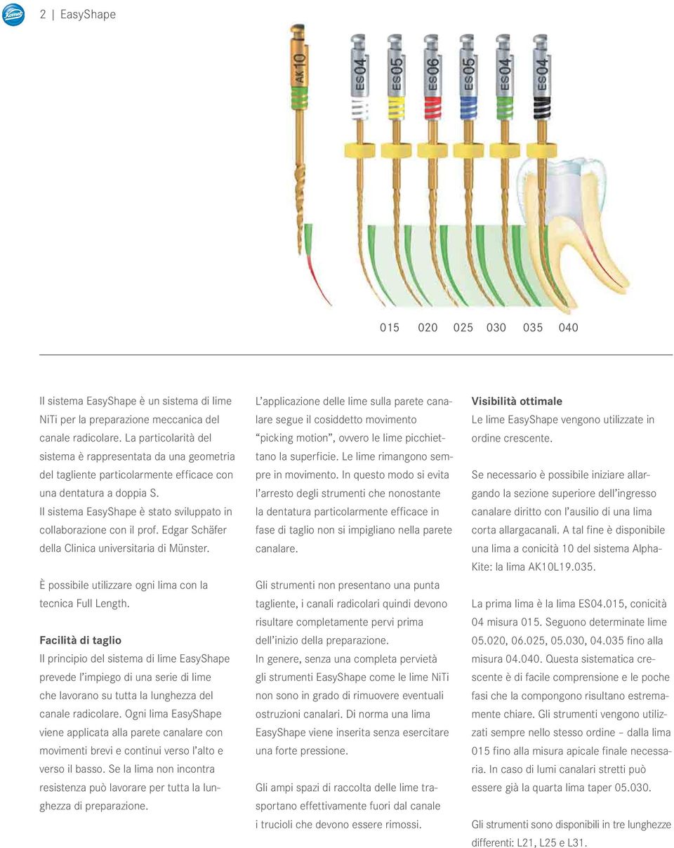 Il sistema EasyShape è stato sviluppato in collaborazione con il prof. Edgar Schäfer della Clinica universitaria di Münster. È possibile utilizzare ogni lima con la tecnica Full Length.