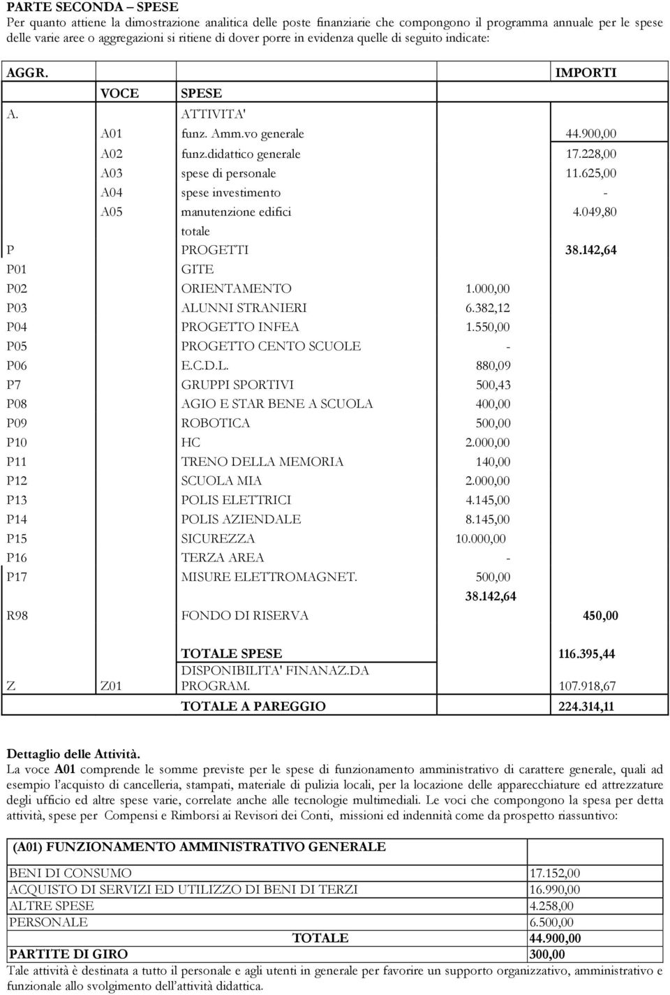 625,00 A04 spese investimento - A05 manutenzione edifici 4.049,80 totale P PROGETTI 38.142,64 P01 GITE P02 ORIENTAMENTO 1.000,00 P03 ALUNNI STRANIERI 6.382,12 P04 PROGETTO INFEA 1.