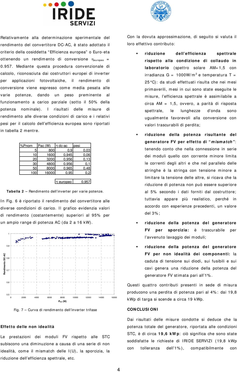 Mediante questa procedura convenzionale di calcolo, riconosciuta dai costruttori europei di inverter per applicazioni fotovoltaiche, il rendimento di conversione viene espresso come media pesata alle