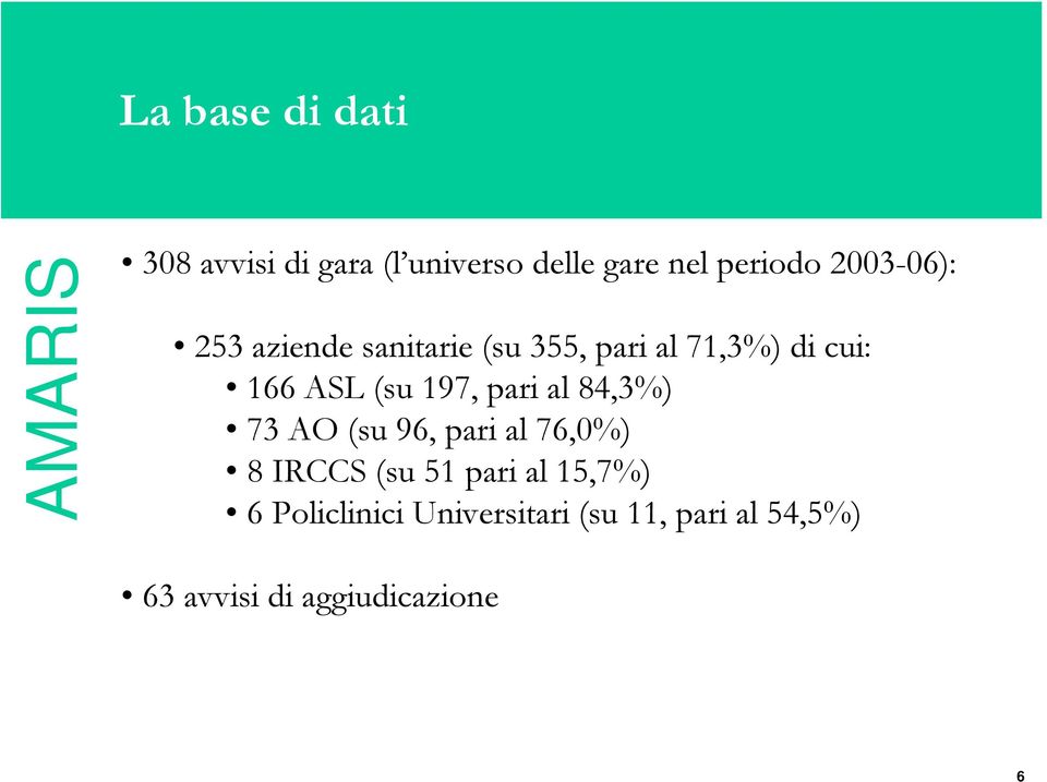 197, pari al 84,3%) 73 AO (su 96, pari al 76,0%) 8 IRCCS (su 51 pari al