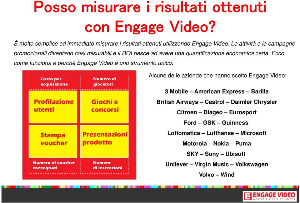 Ecco come funziona e perché Engage Video è uno strumento unico: Alcune delle aziende che hanno scelto Engage Video: 3 Mobile American Express Barilla