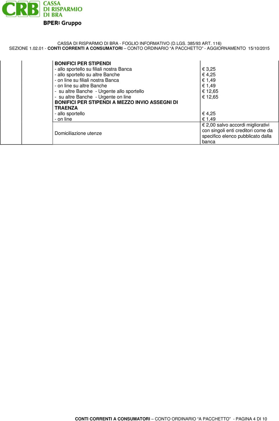 STIPENDI A MEZZO INVIO ASSEGNI DI TRAENZA - allo sportello 4,25 - on line 1,49 2,00 salvo accordi migliorativi Domiciliazione utenze con