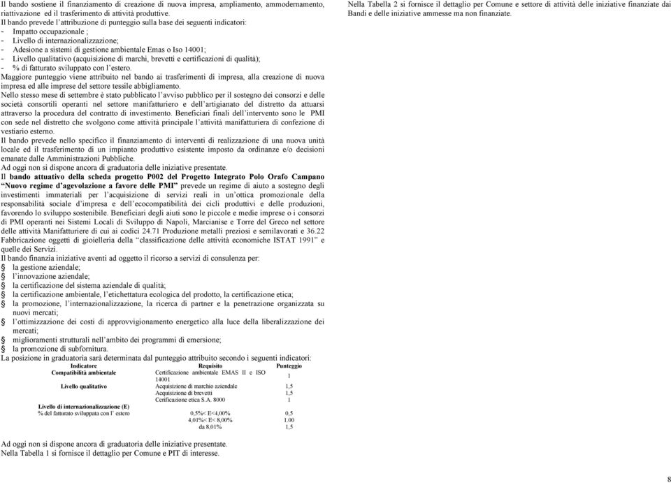 400; - Livello qualitativo (acquisizione di marchi, brevetti e certificazioni di ); - % di fatturato sviluppato con l estero.