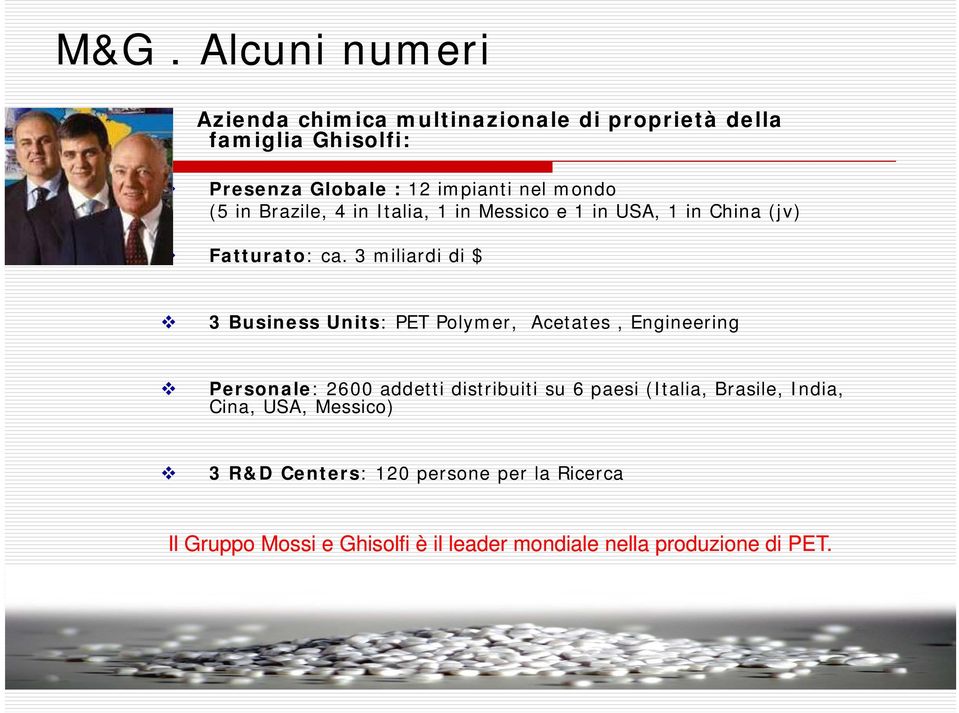 3 miliardi di $ 3 Business Units: PET Polymer, Acetates, Engineering Personale: 2600 addetti distribuiti su 6 paesi