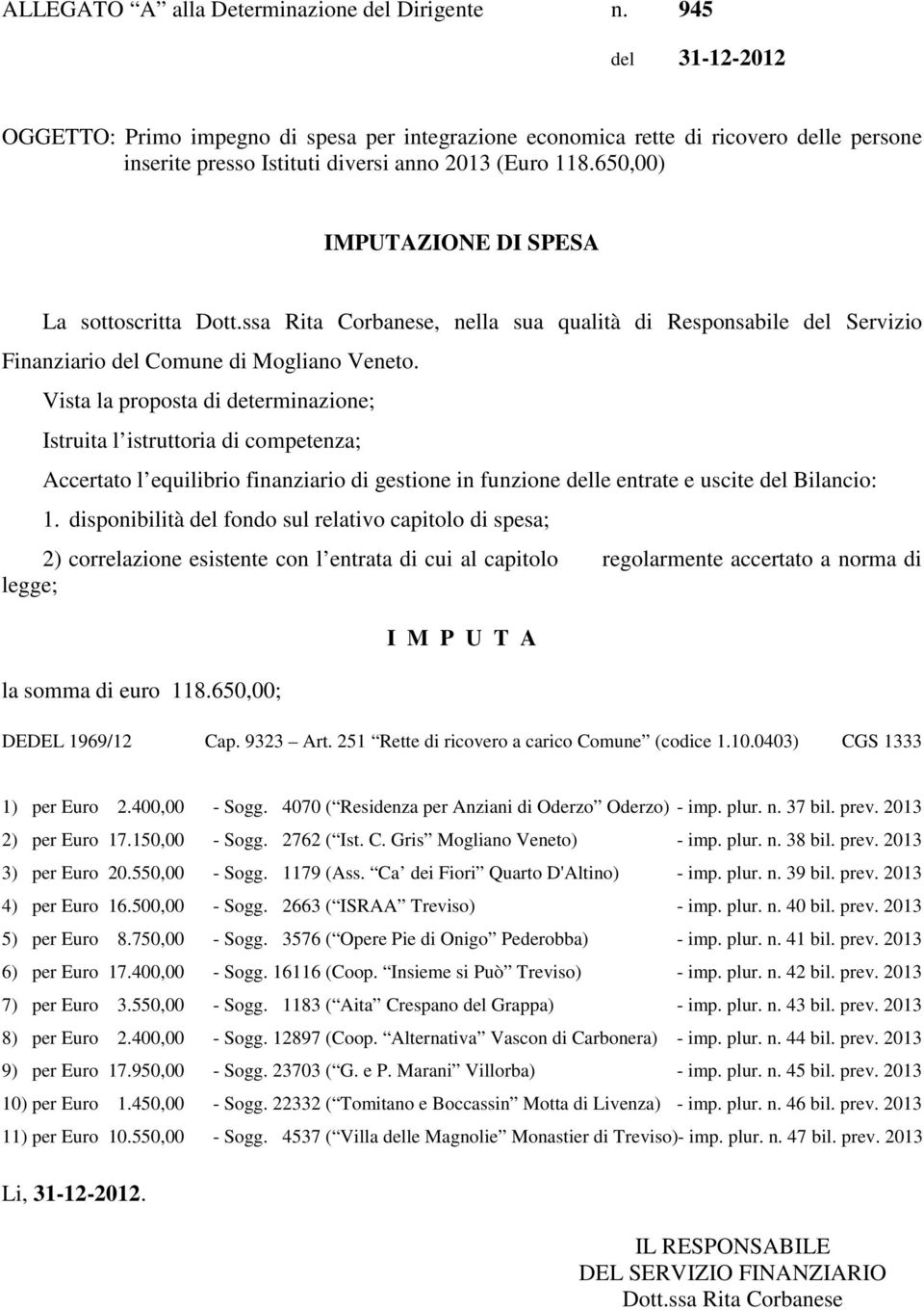 650,00) IMPUTAZIONE DI SPESA La sottoscritta Dott.ssa Rita Corbanese, nella sua qualità di Responsabile del Servizio Finanziario del Comune di Mogliano Veneto.
