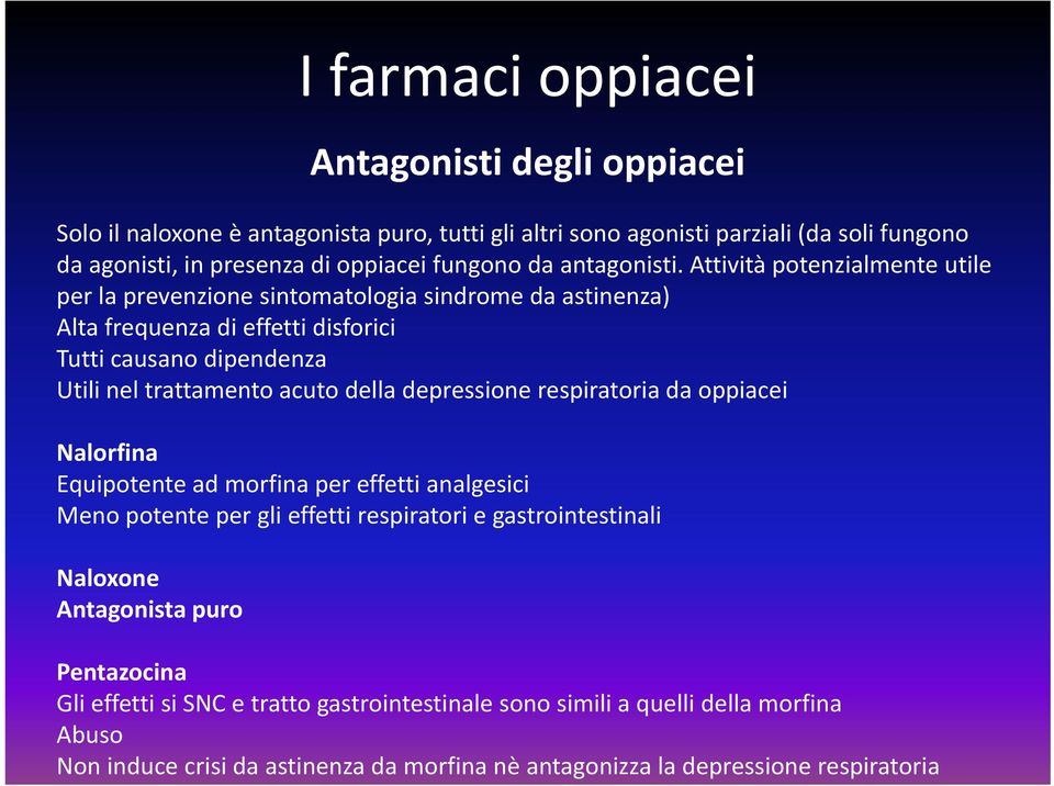 Attività potenzialmente utile perlaprevenzionesintomatologia prevenzione sindromedaastinenza) da astinenza) Alta frequenza di effetti disforici Tutti causano dipendenza Utili nel trattamento