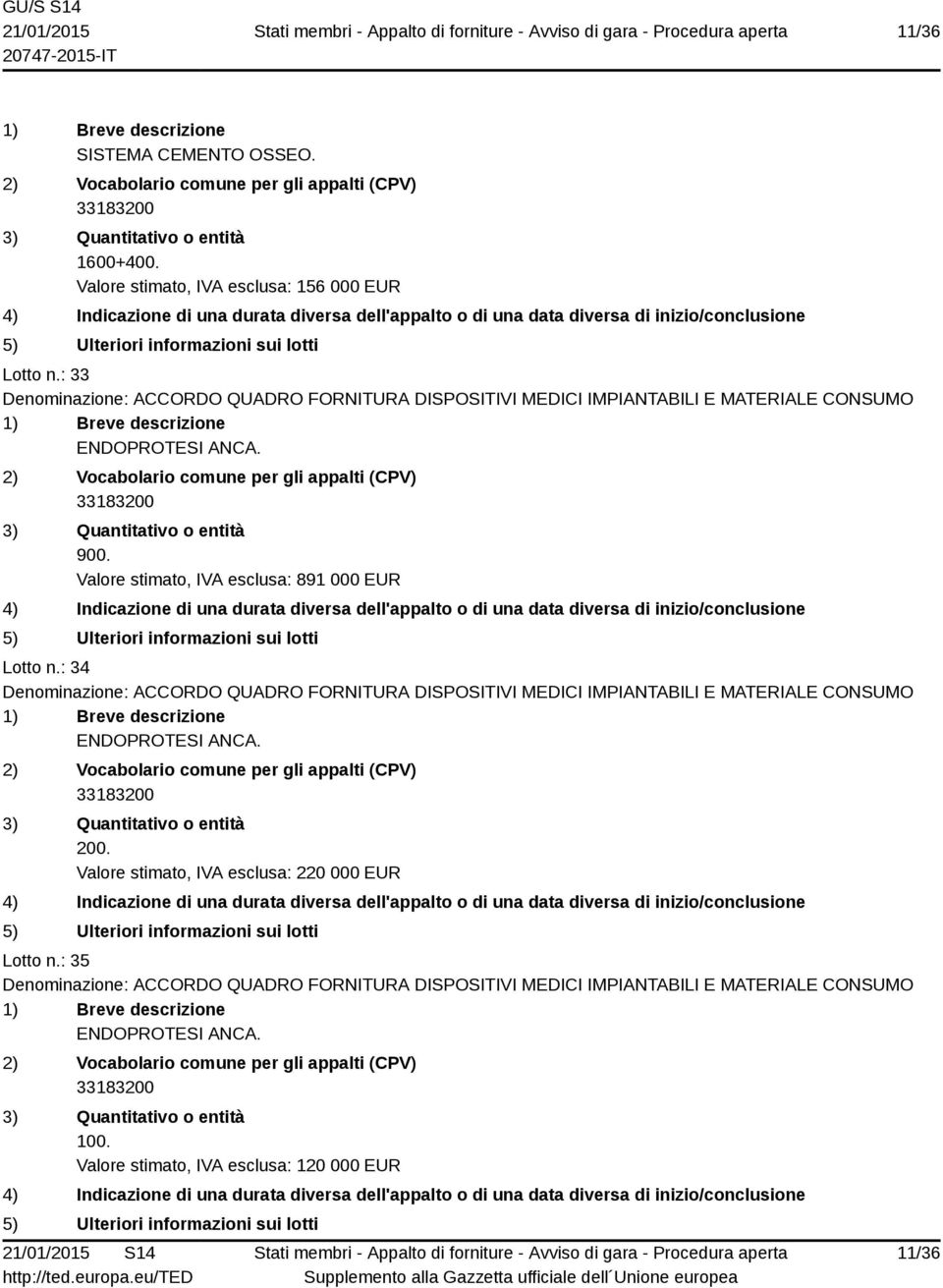 Valore stimato, IVA esclusa: 891 000 EUR Lotto n.: 34 ENDOPROTESI ANCA. 200.