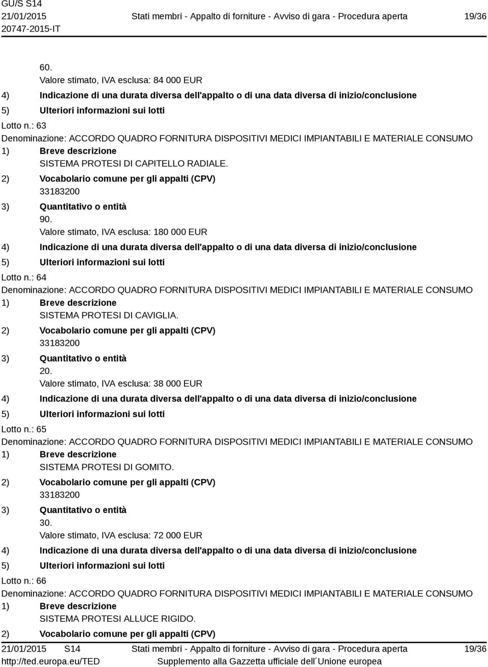 Valore stimato, IVA esclusa: 180 000 EUR Lotto n.: 64 SISTEMA PROTESI DI CAVIGLIA. 20.